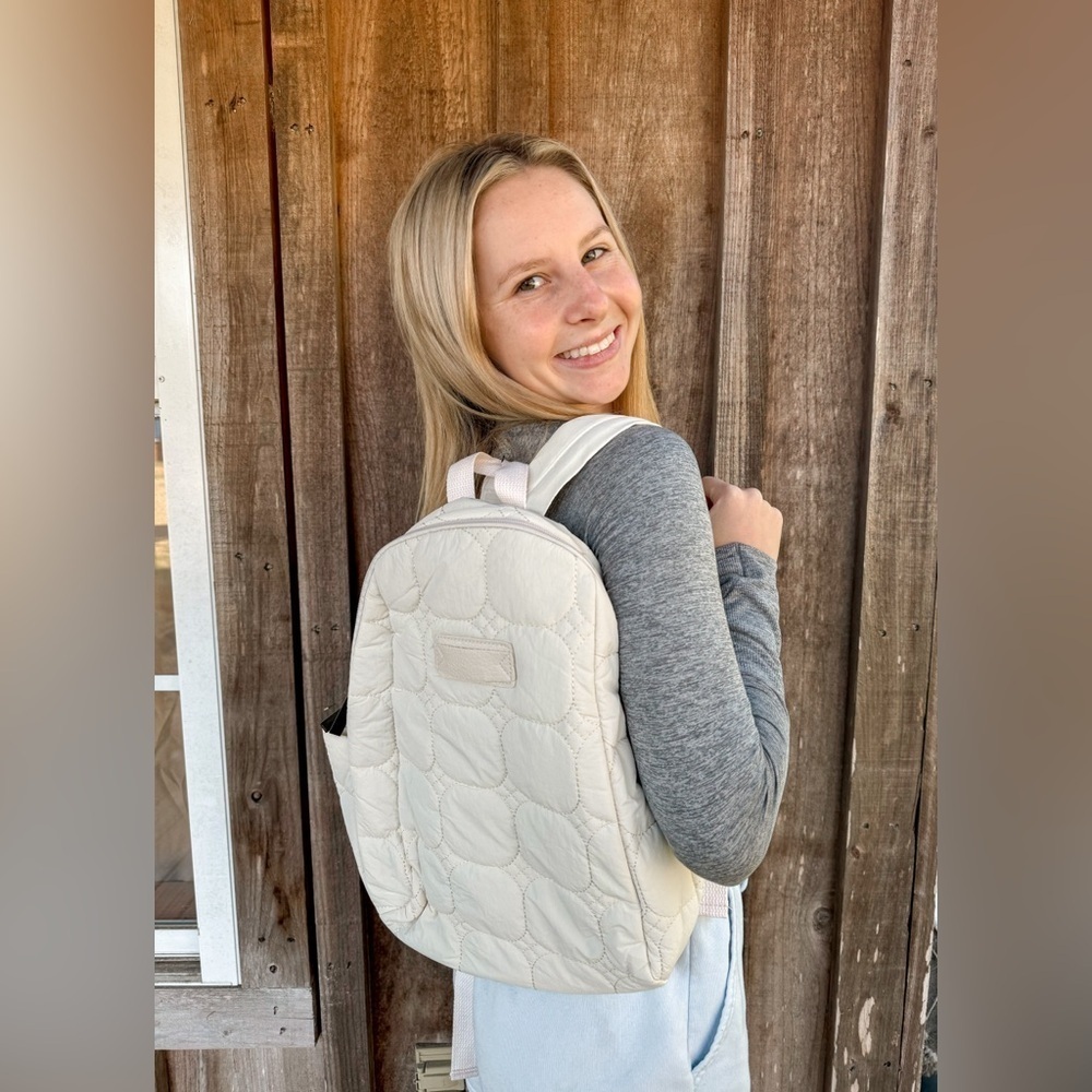 Beige Solid Quilted Nylon Backpack - Picture 2 of 3